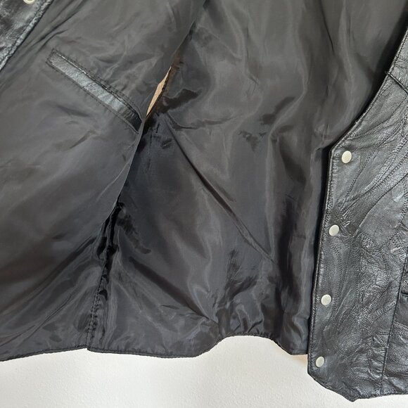 Vtg Leather Works Vest XL Black Patchwork Leather Snap Front Biker Moto USA - Picture 9 of 12